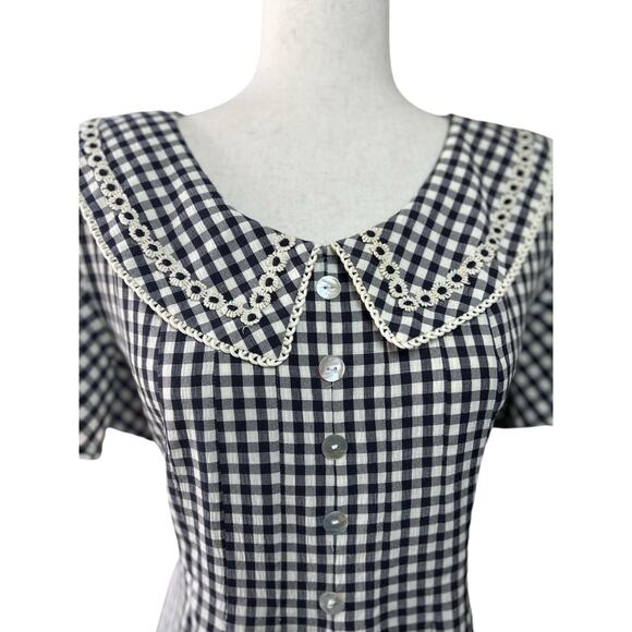 Vtg 80s Black White Gingham Prairie Dress Peter Pan Collar 10/12 Petite Modest - Picture 10 of 10